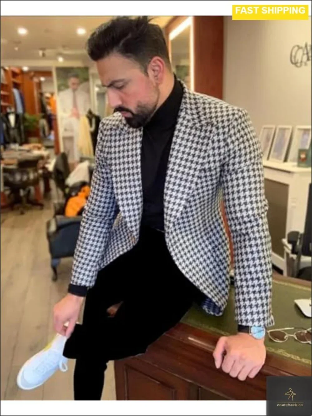 Men's Houndstooth Blazer Slim Fit One Button Sport Coat Wedding Prom